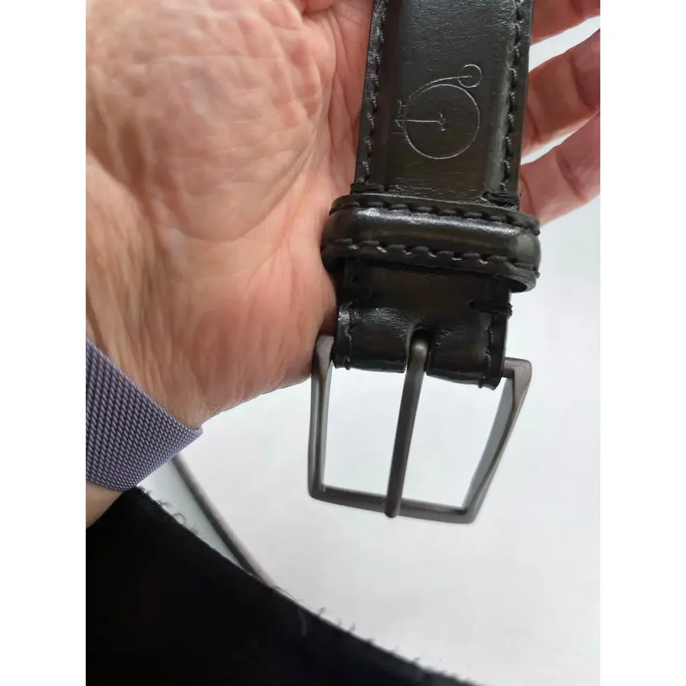Italian Black Leather Belt 36 Pewter Buckle 1.25